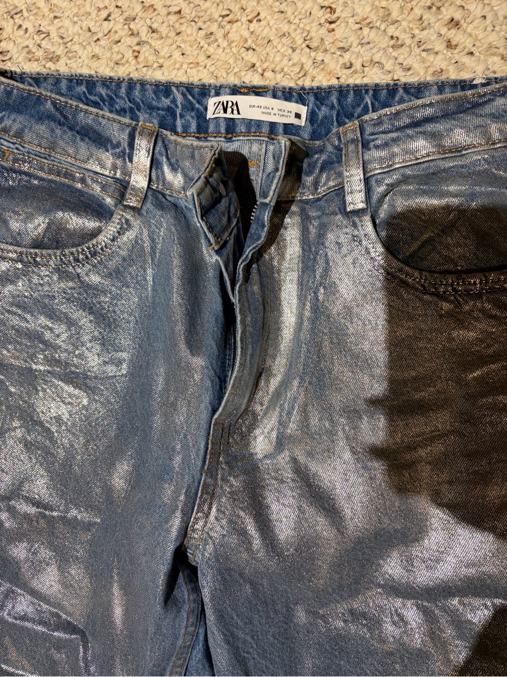 ZARA Metallic Blue Jeans Wide-Leg - Picture 2 of 3